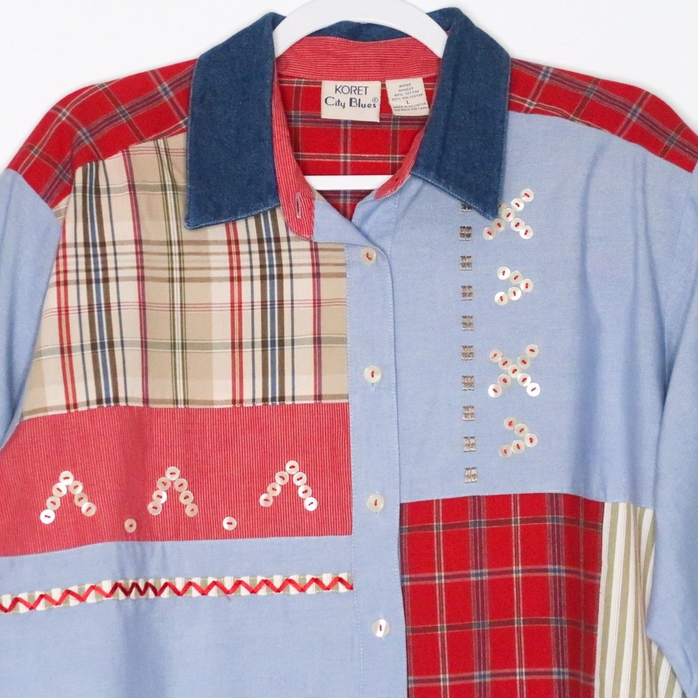 Koret Womens VTG Button Up Shirt Large Cotton Blue Red Art to Wear 90s Patchwork
